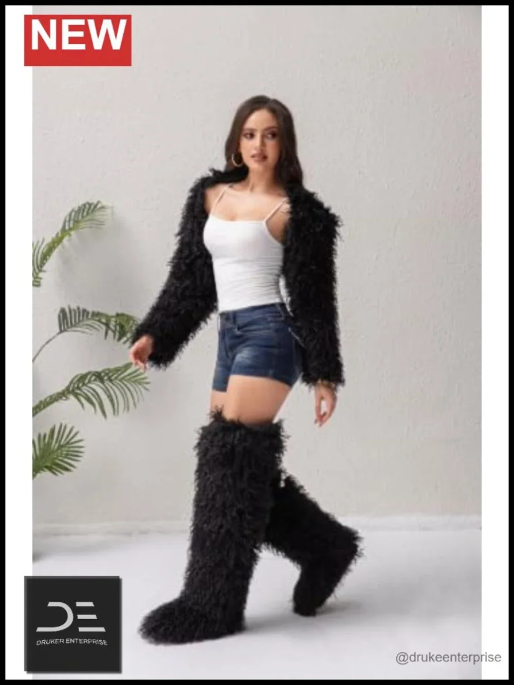 Women Over the Knee Fluffy Faux Fur Winter Boots Adjustable Leather Trim